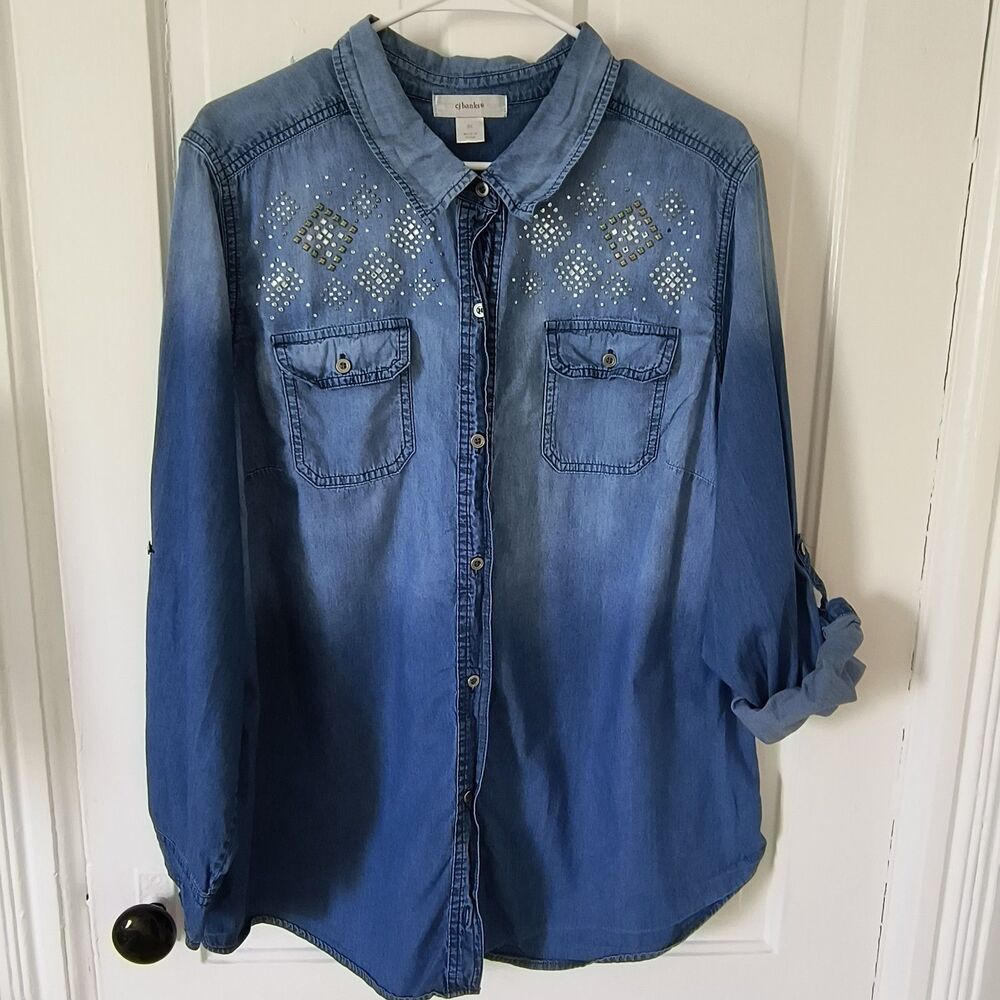 CJ Banks Denim Shirt 2X Blue Tie dye Roll Tab Sleeves Bling Rodeo Festival - Picture 2 of 16